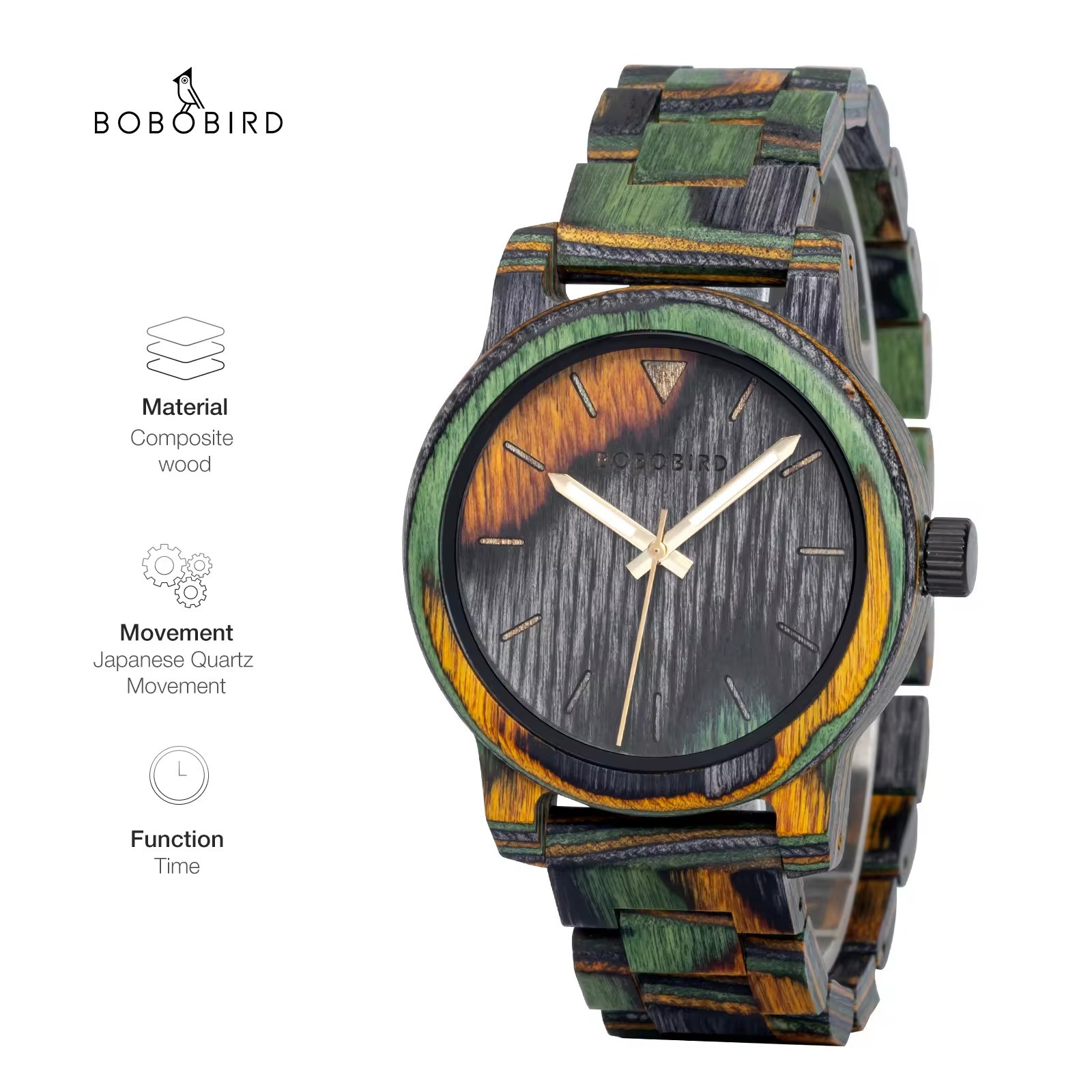  Engraved logo wooden Watch Men's Wristwatch Japanese Quartz Movement 