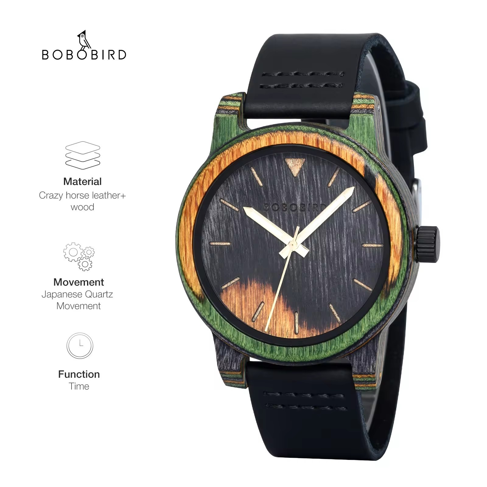  Engraved logo wooden Watch Men's Wristwatch Japanese Quartz Movement 