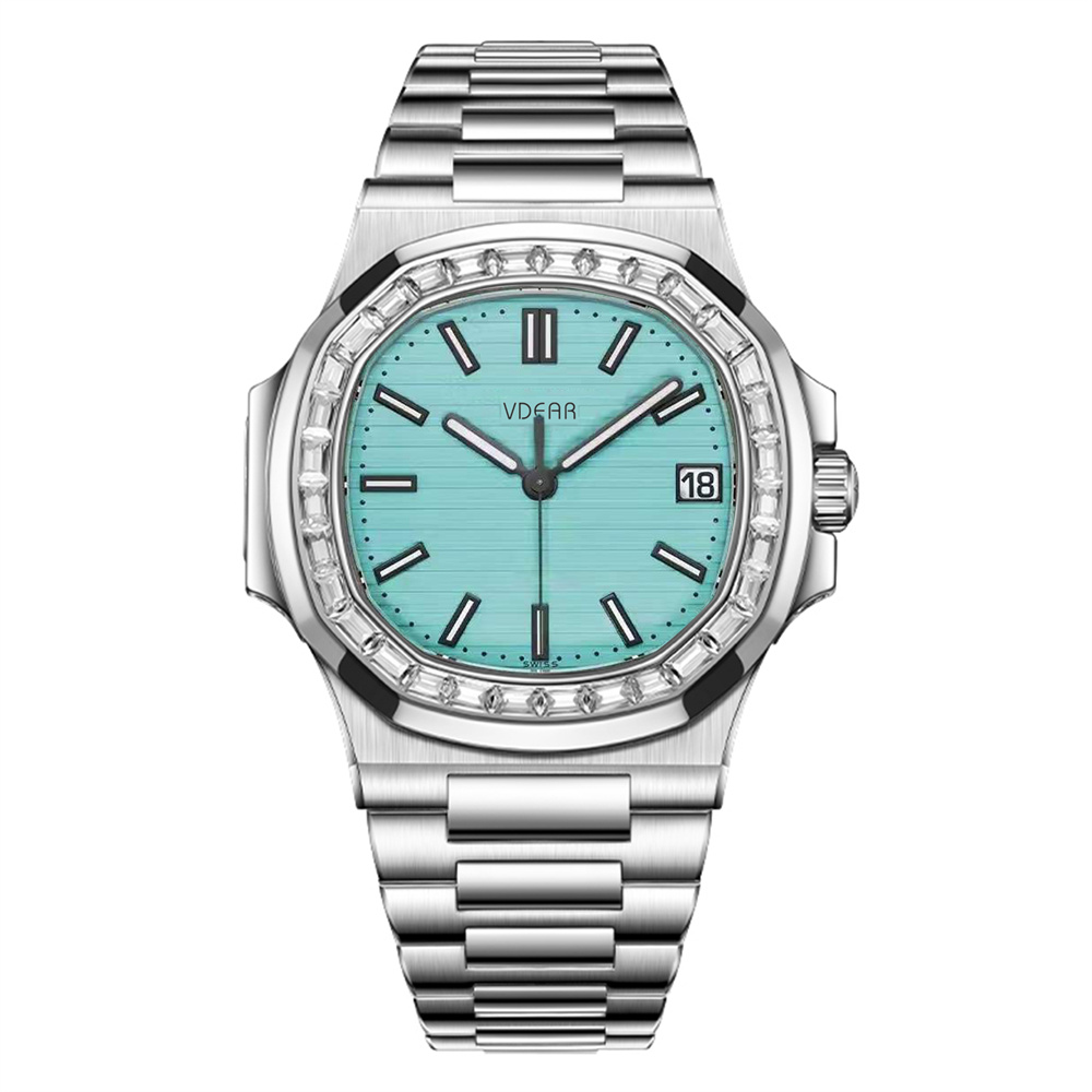 Fashion Quartz 5bar Waterproof Luminous Date Textured Personalizz 316 Stainless Steel Diamond Square Dial Watch For Men